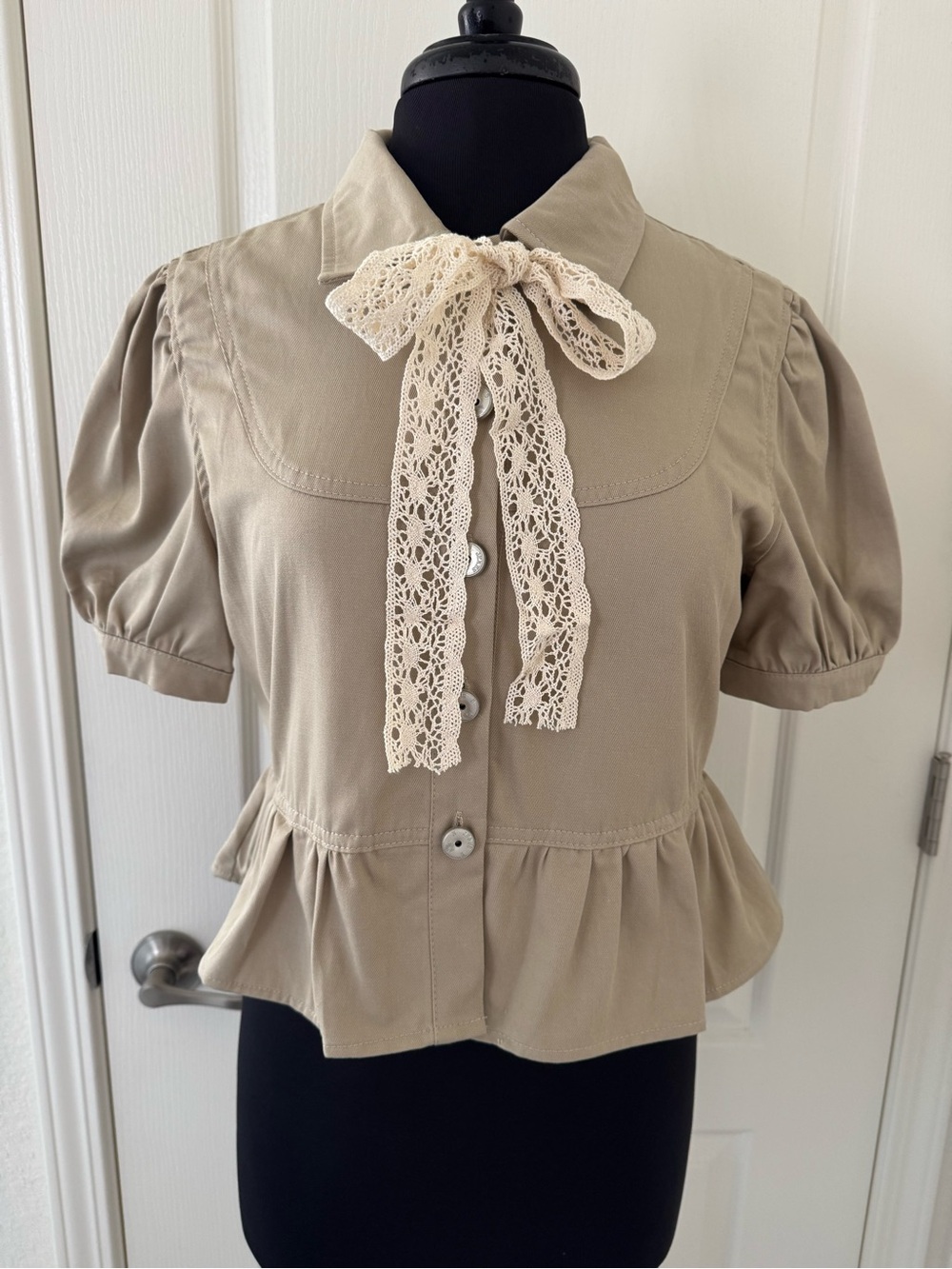 Lace Bow Peplum Blouse - Taupe/Cream